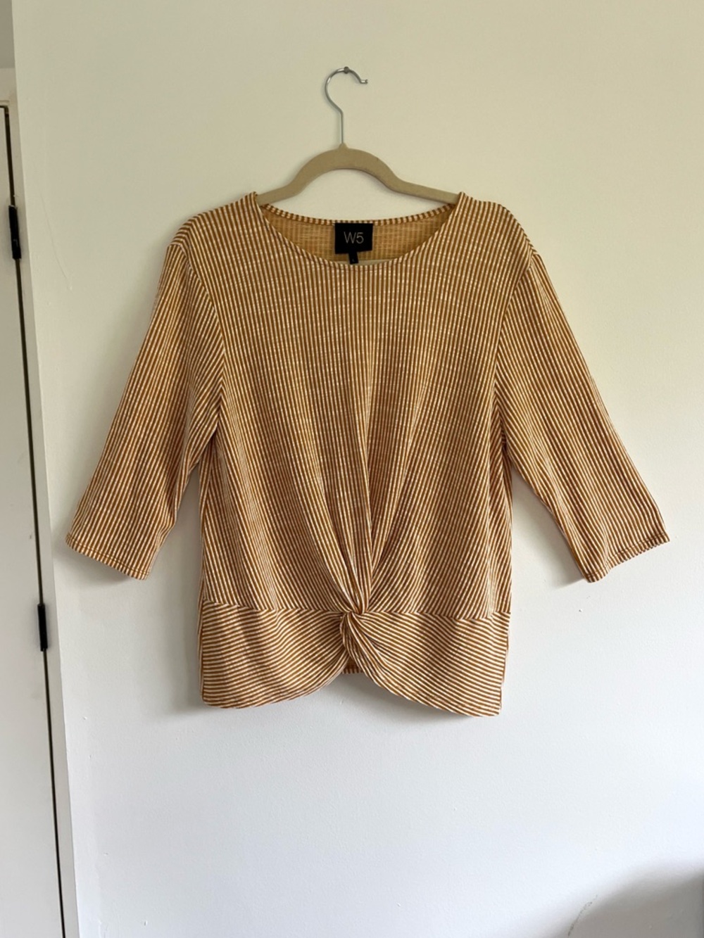 W5 Anthropologie Mustard Yellow White Striped Twist-Front 3/4 Sleeve Top